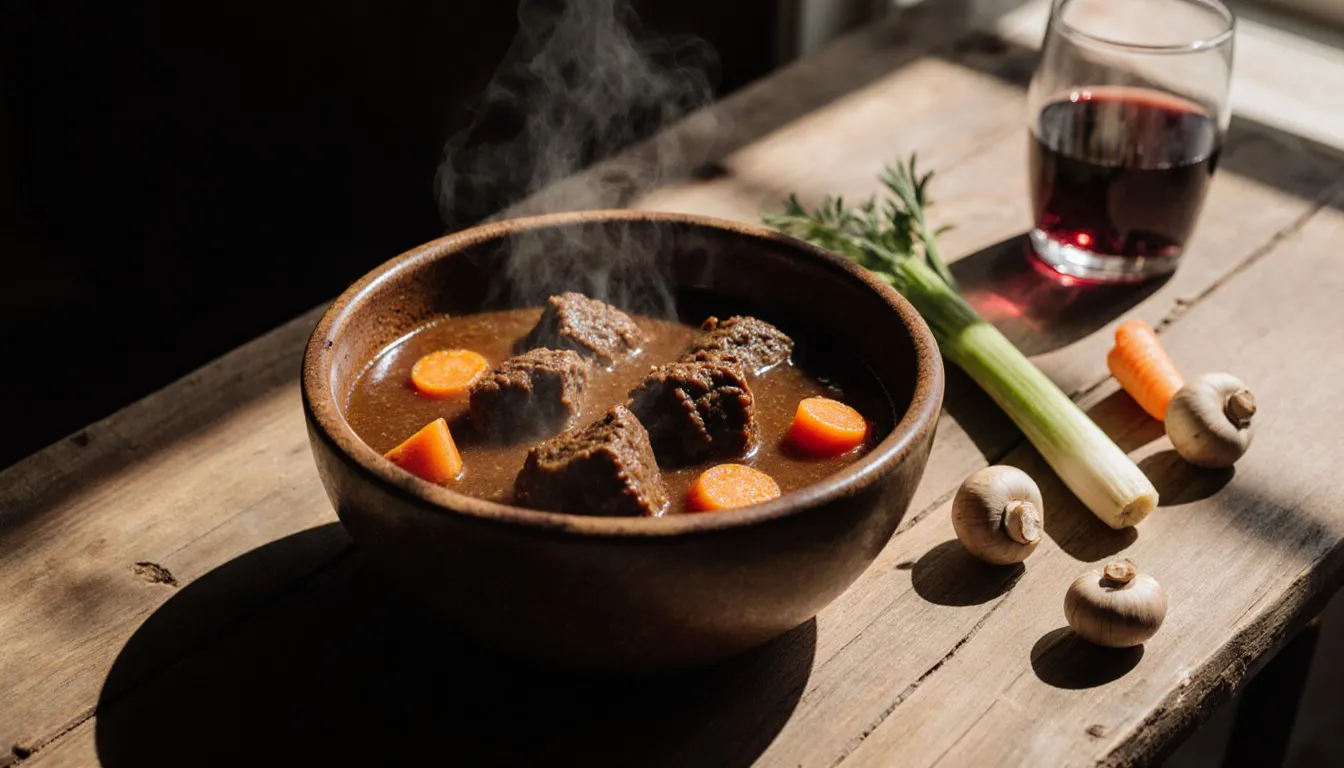 A steaming bowl of beef stew with carrots and mushrooms, surrounded by fresh stew ingredients on a wooden table