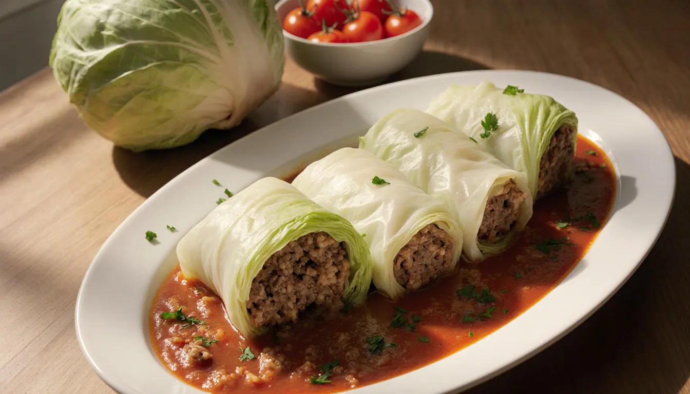 Stuffed cabbage rolls filled with beef and rice, served in tomato sauce with parsley