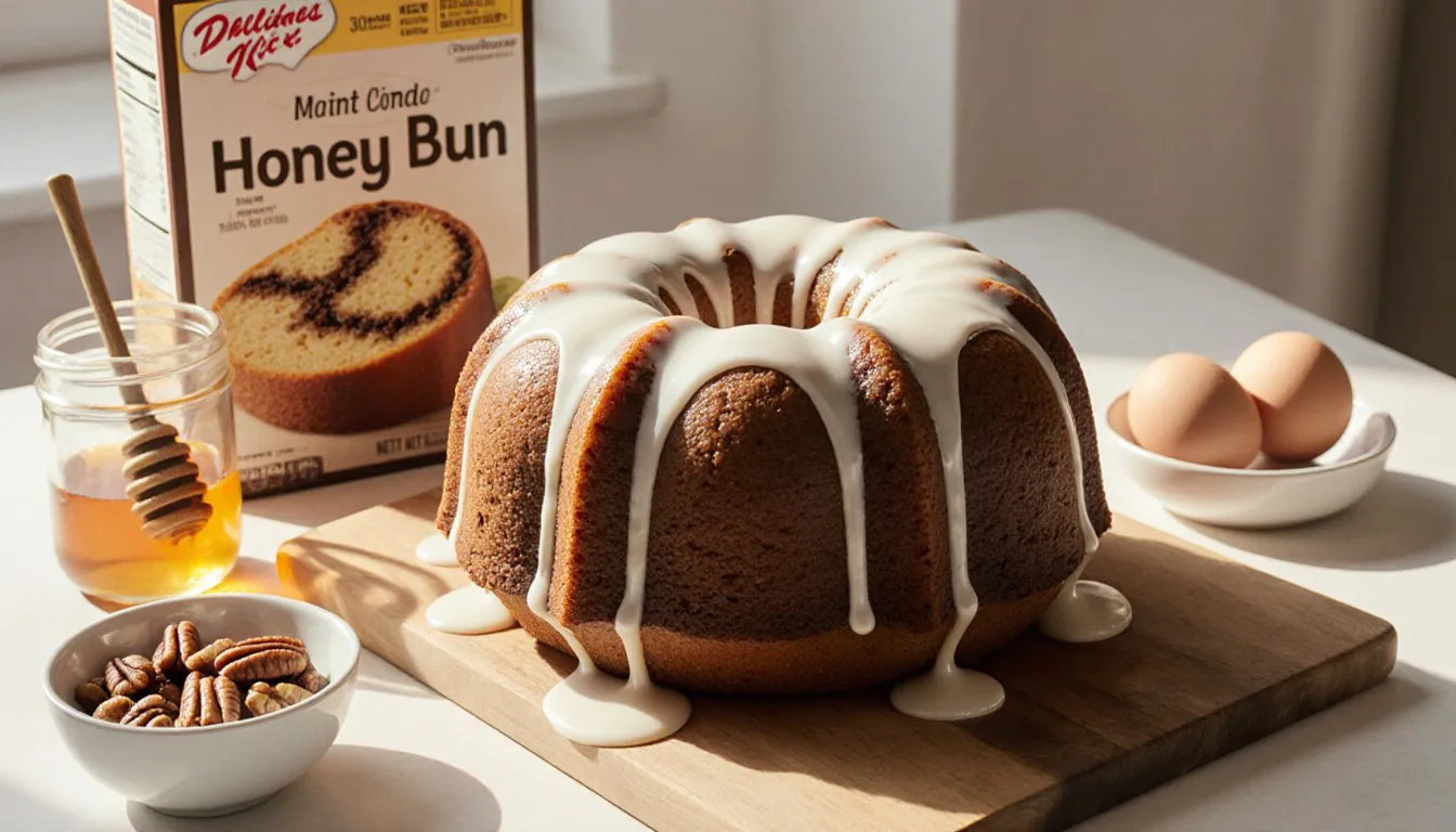 A glazed honey bun cake with a cinnamon-pecan swirl beside cake mix ingredients on a kitchen counter