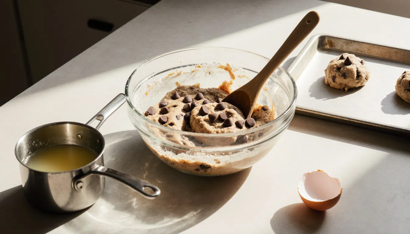 A bowl of glossy chocolate chip cookie dough with a wooden spoon, melted butter, and scooped dough on a baking sheet