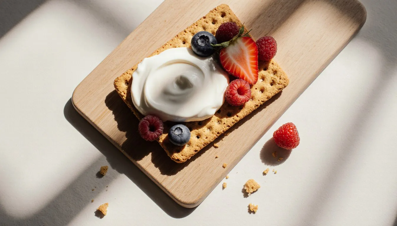 A graham cracker topped with vanilla yogurt and fresh mixed berries on a wooden board