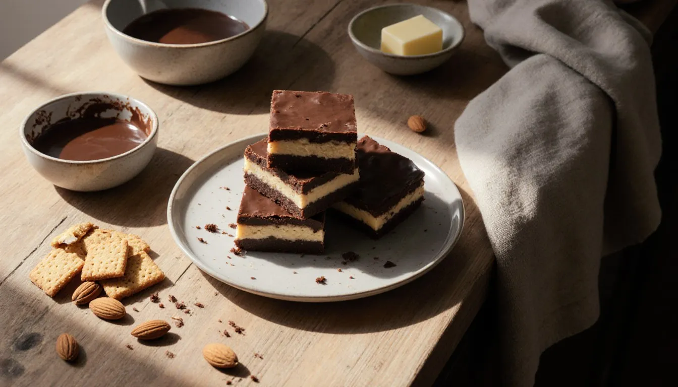 Stacked squares of easy no-bake chocolate fudge on a plate surrounded by a few simple ingredients