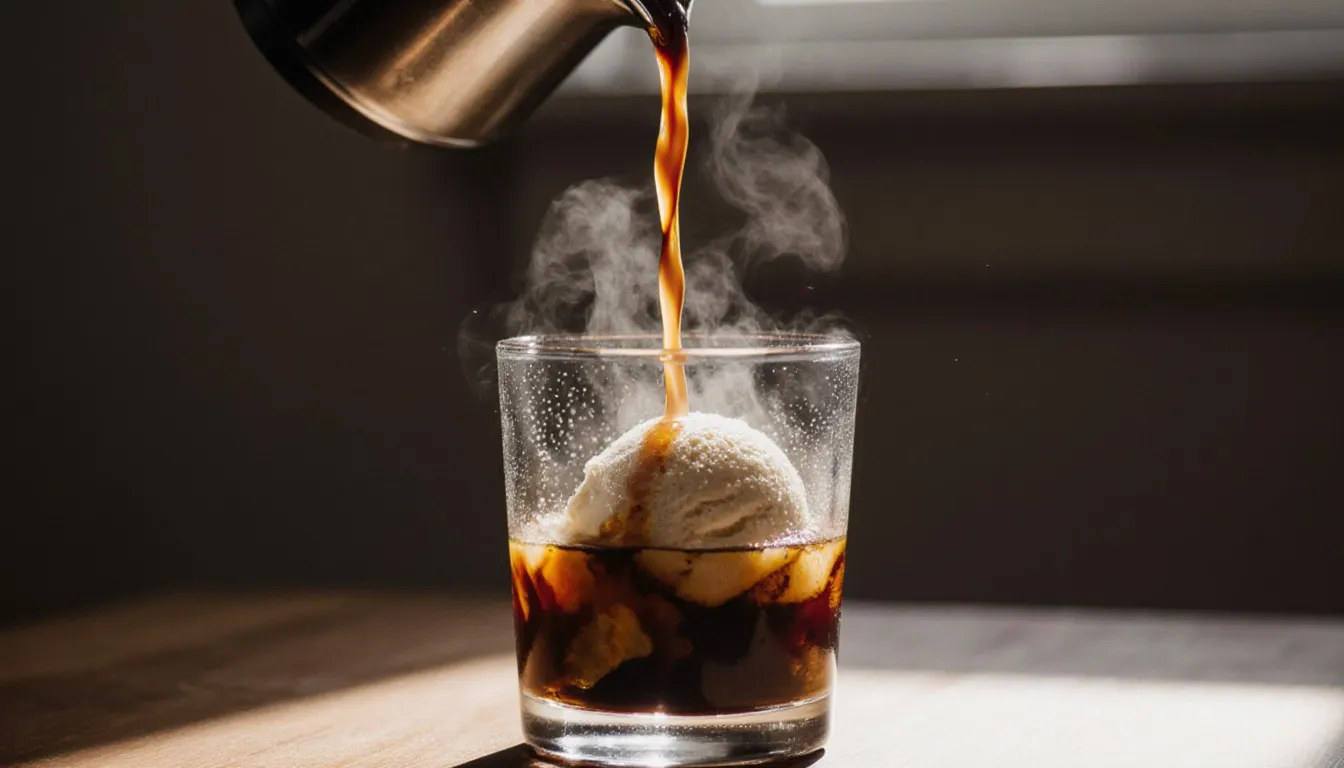 Hot espresso poured over a scoop of vanilla ice cream in a glass, steam rising, an affogato in progress