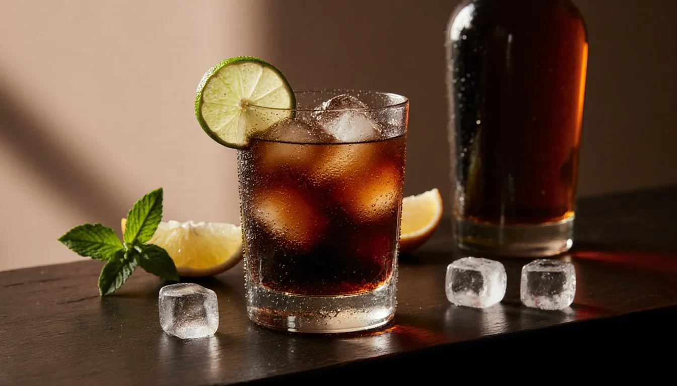 A Captain Morgan and cola highball garnished with lime beside an amber rum bottle on a bar counter