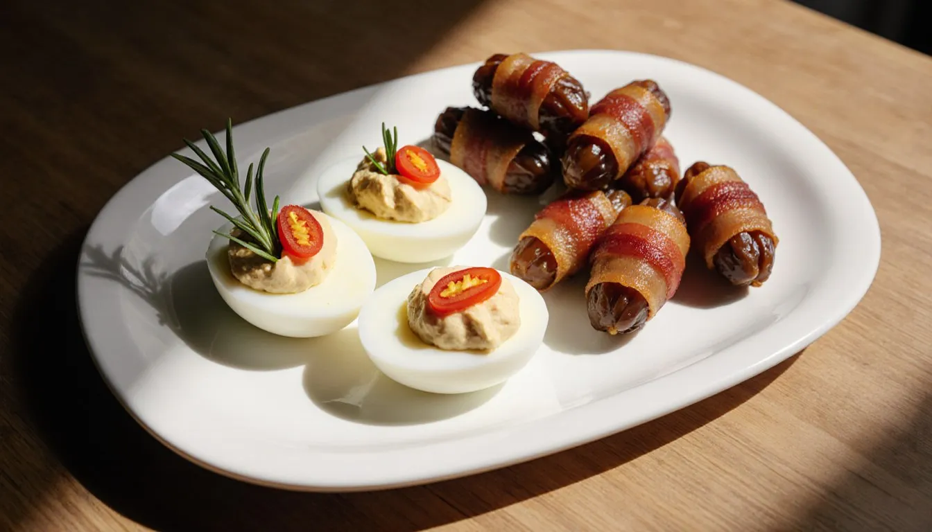 A platter of pimiento deviled eggs and bacon-wrapped dates arranged as party finger foods
