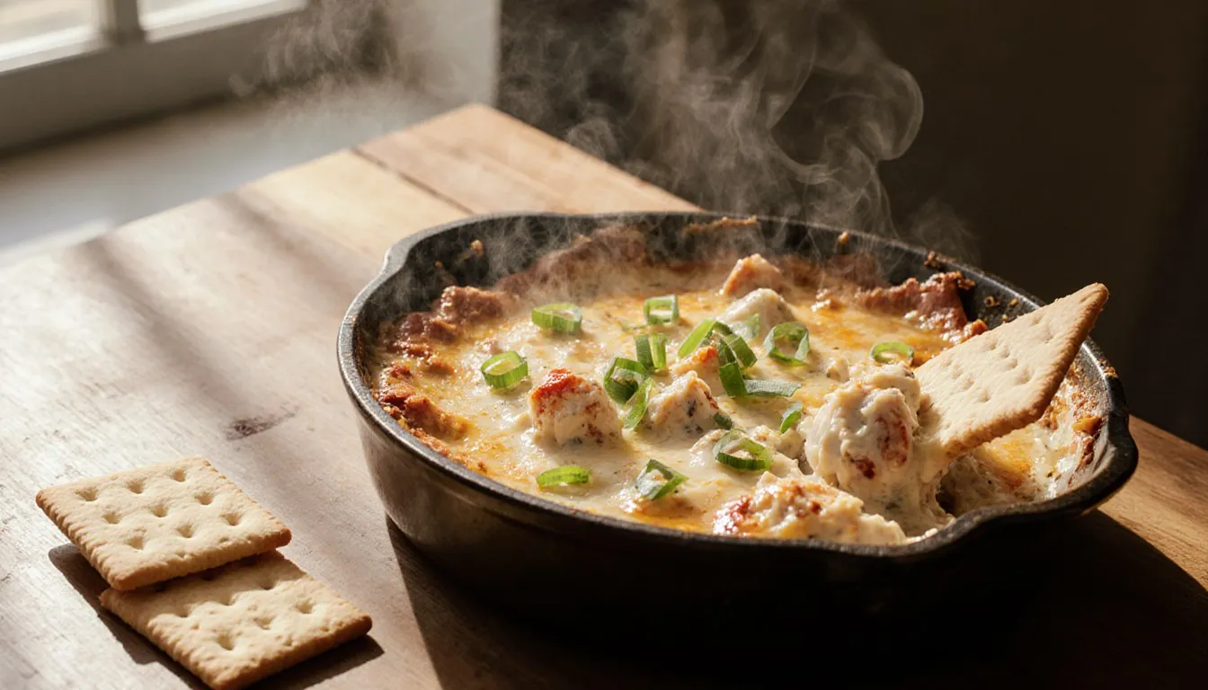 A bubbling baking dish of hot crab dip topped with green onions, served with crackers