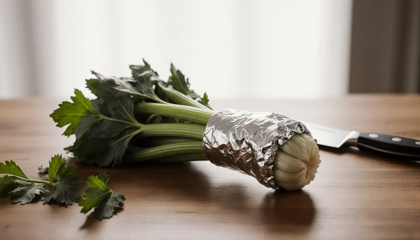 Fresh celery stalks being wrapped tightly in aluminum foil for storage