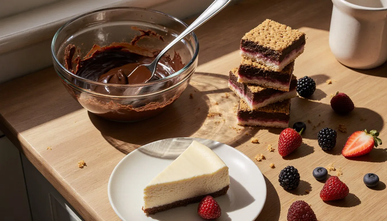 No-bake cheesecake slice, chocolate icebox bars, and a bowl of chocolate filling on a kitchen counter