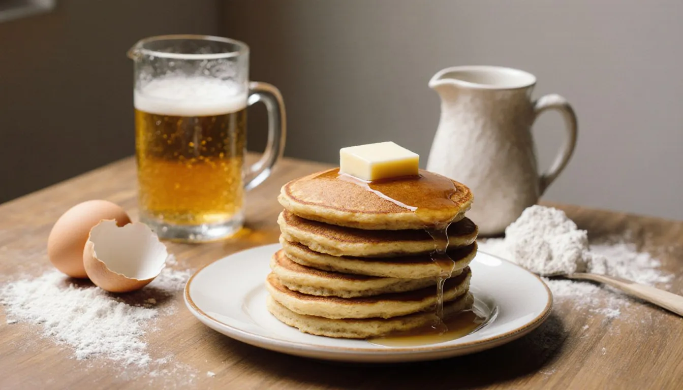 A stack of golden pancakes beside a glass of beer, an egg, and a jug of water used as milk substitutes