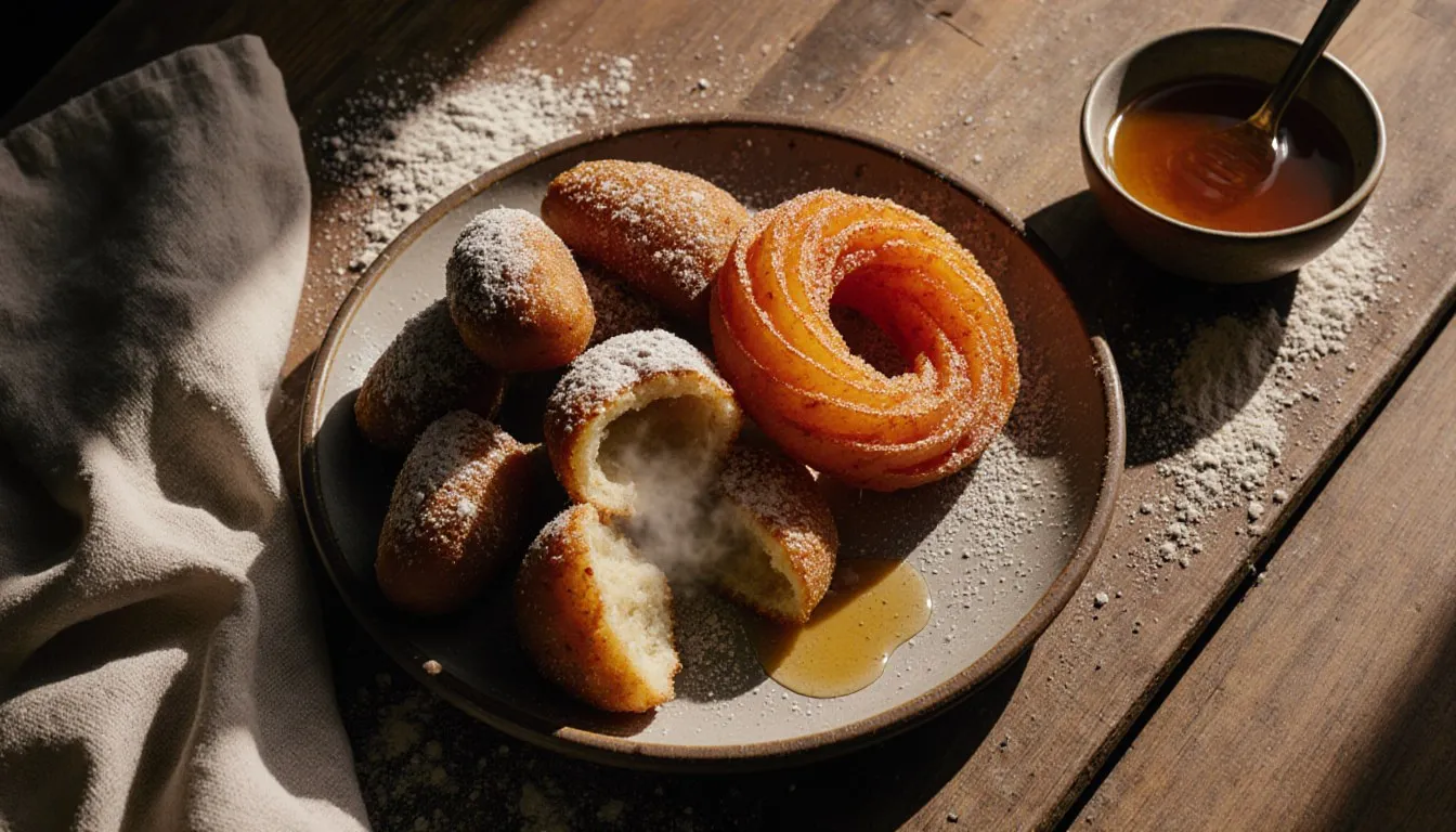 Golden fried dough pieces dusted with sugar beside a coiled jalebi and a small bowl of honey on a wooden table
