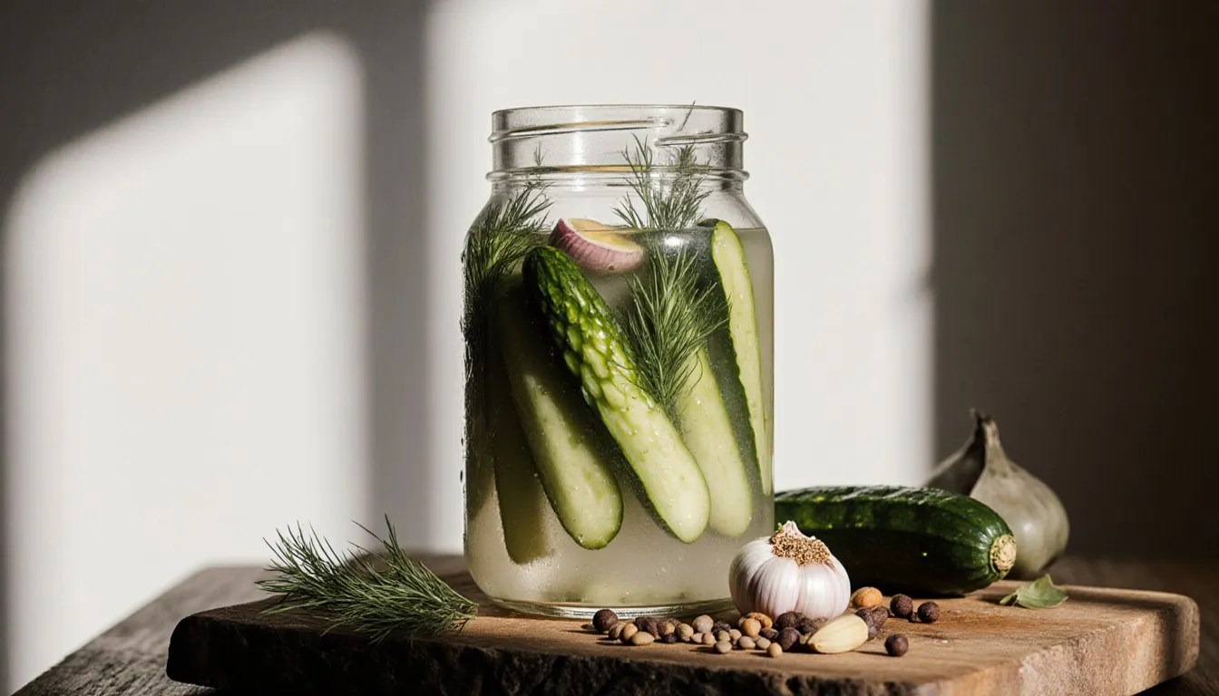 A jar of half sour pickles in brine with fresh dill, garlic, and scattered pickling spices