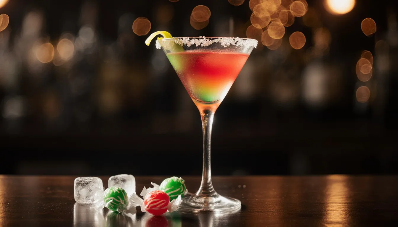 A candy-colored Jolly Rancher martini in a chilled glass, garnished with loose hard candies on the bar.