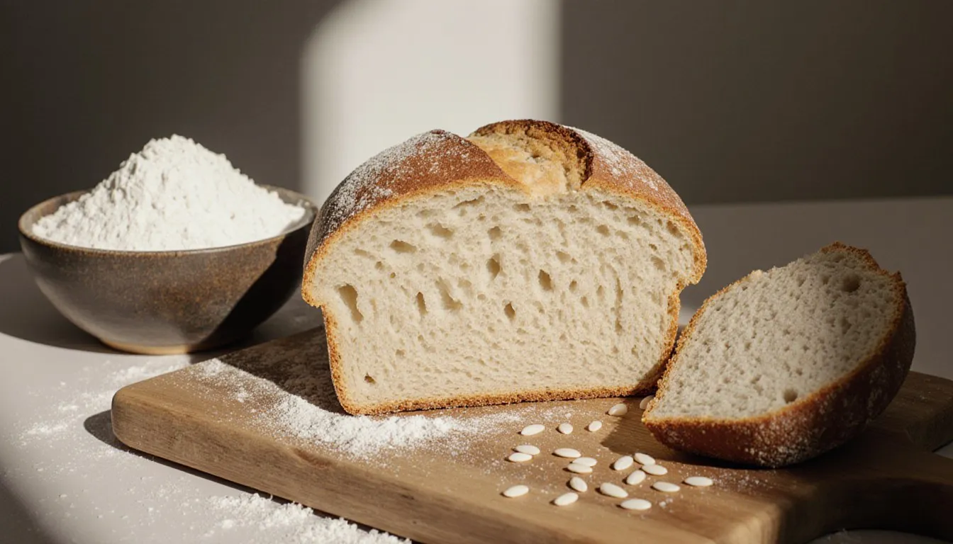 A sliced loaf of rice flour bread showing its soft, tender crumb, beside a bowl of rice flour