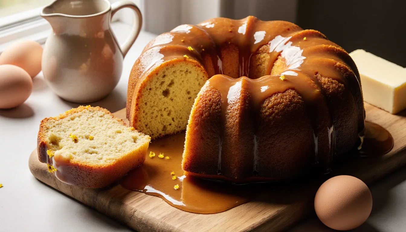 A glazed bundt rum cake with a slice cut away, revealing its moist crumb, on a wooden board