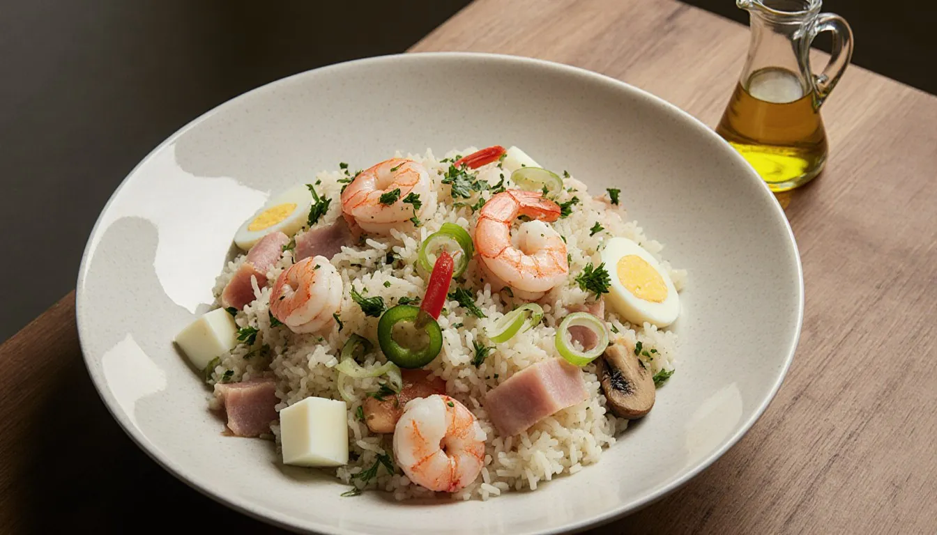 A bowl of shrimp salad with rice, ham, boiled egg, capsicum, and parsley