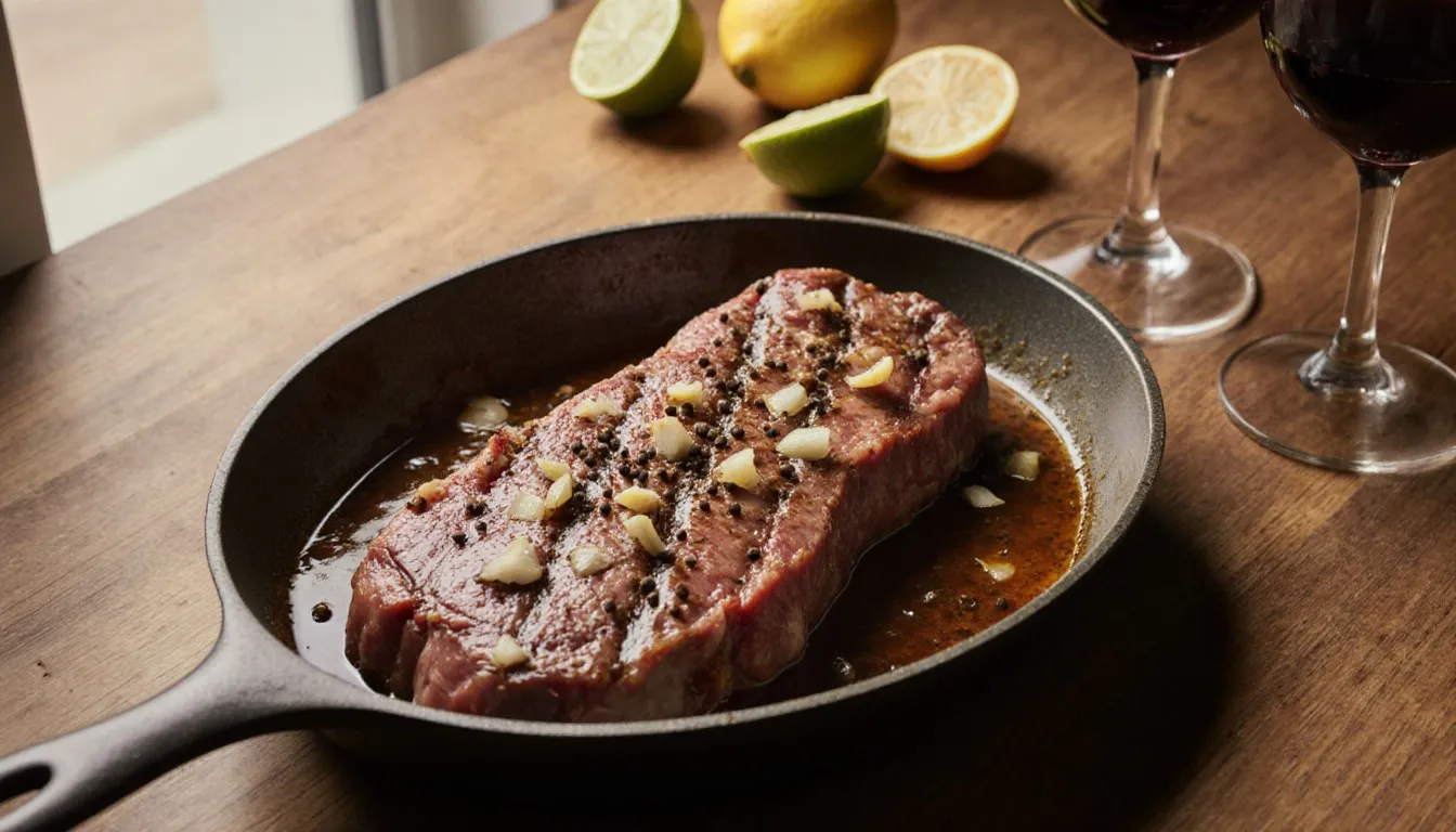 A raw steak marinating in a citrus and garlic marinade, surrounded by lime halves and cracked pepper