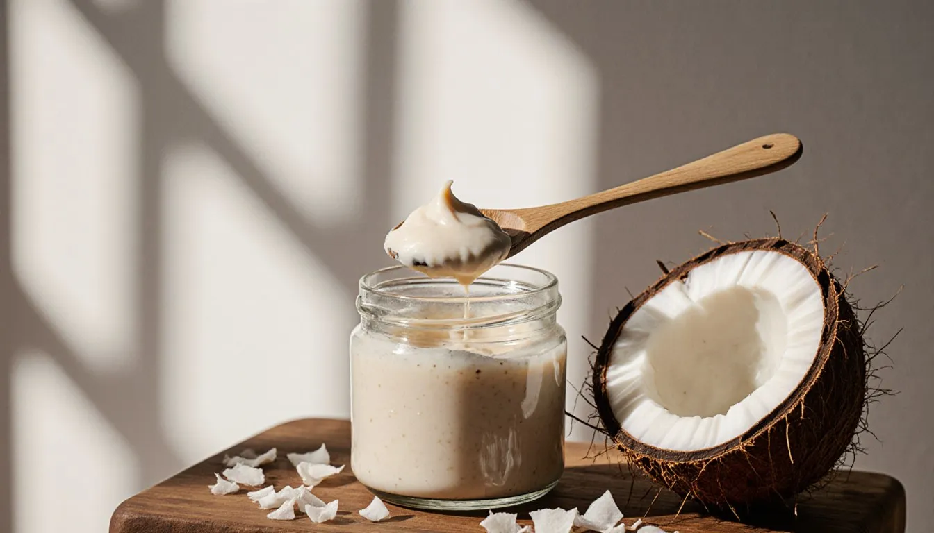A jar of homemade coconut butter with a spoon, beside cracked coconut and flakes on a wooden board