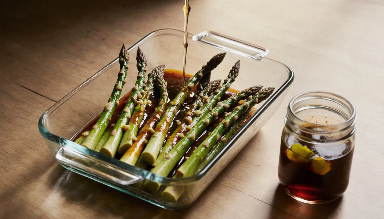Blanched asparagus spears in a glass dish drizzled with balsamic vinaigrette, a small dressing jar alongside