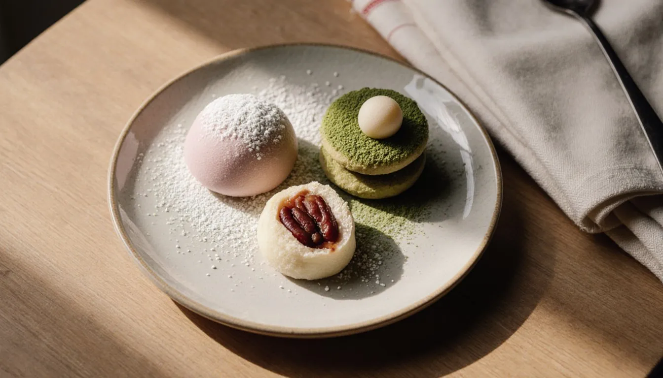 A plate of assorted Japanese desserts including mochi and dorayaki, arranged for serving
