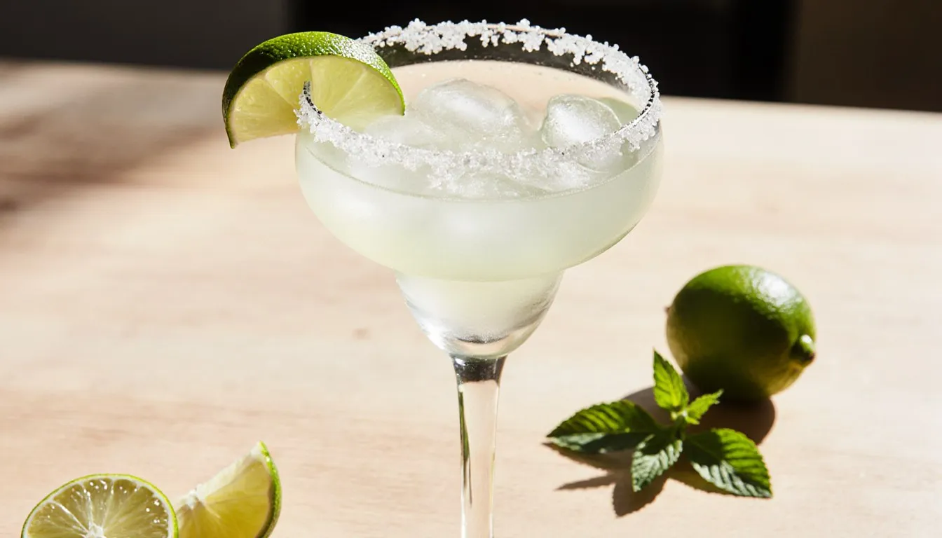 A virgin margarita in a salt-rimmed, long-stemmed glass garnished with a lime wedge