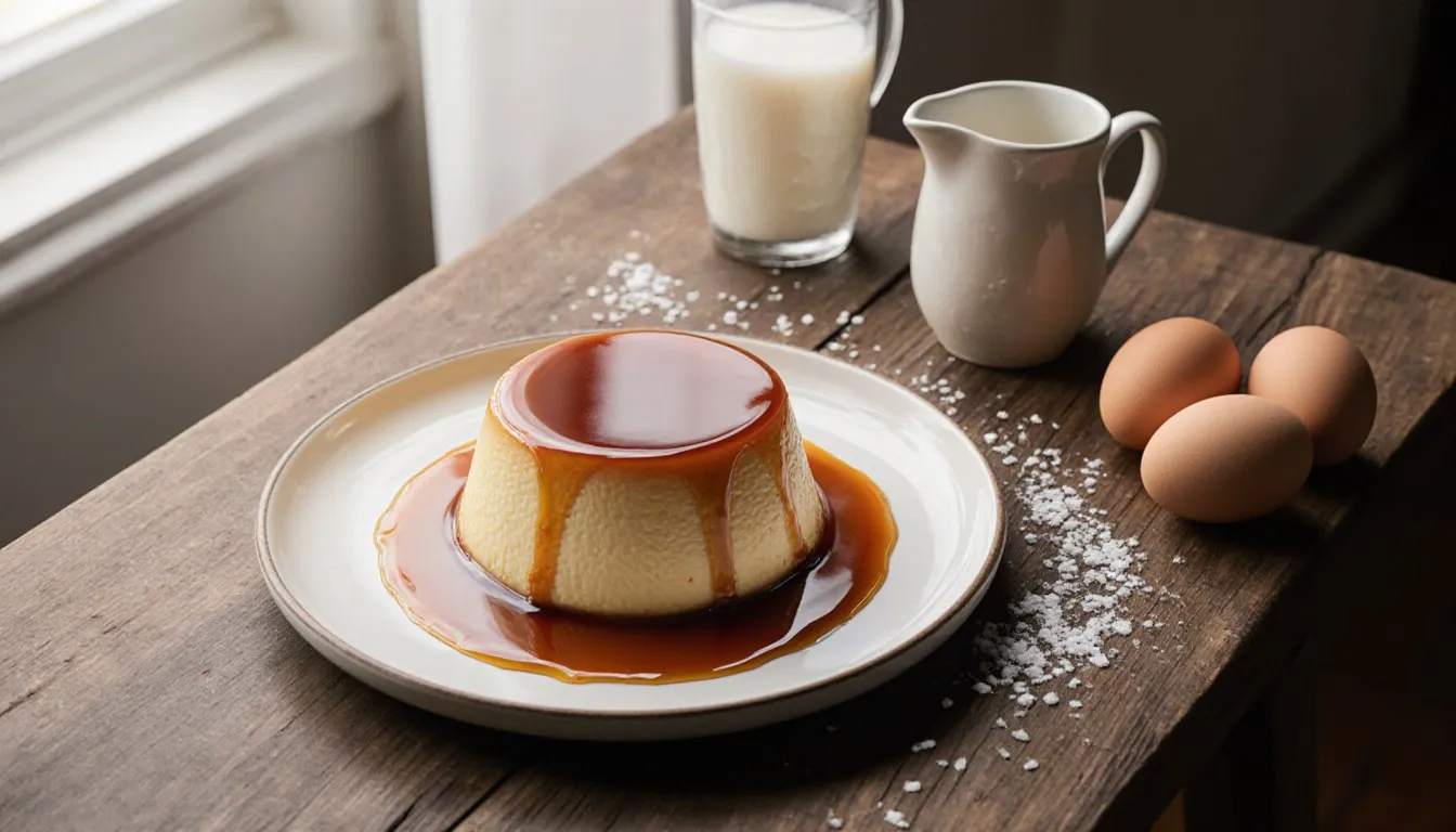 A glossy Mexican flan unmolded onto a plate, caramel sauce pooling around its base