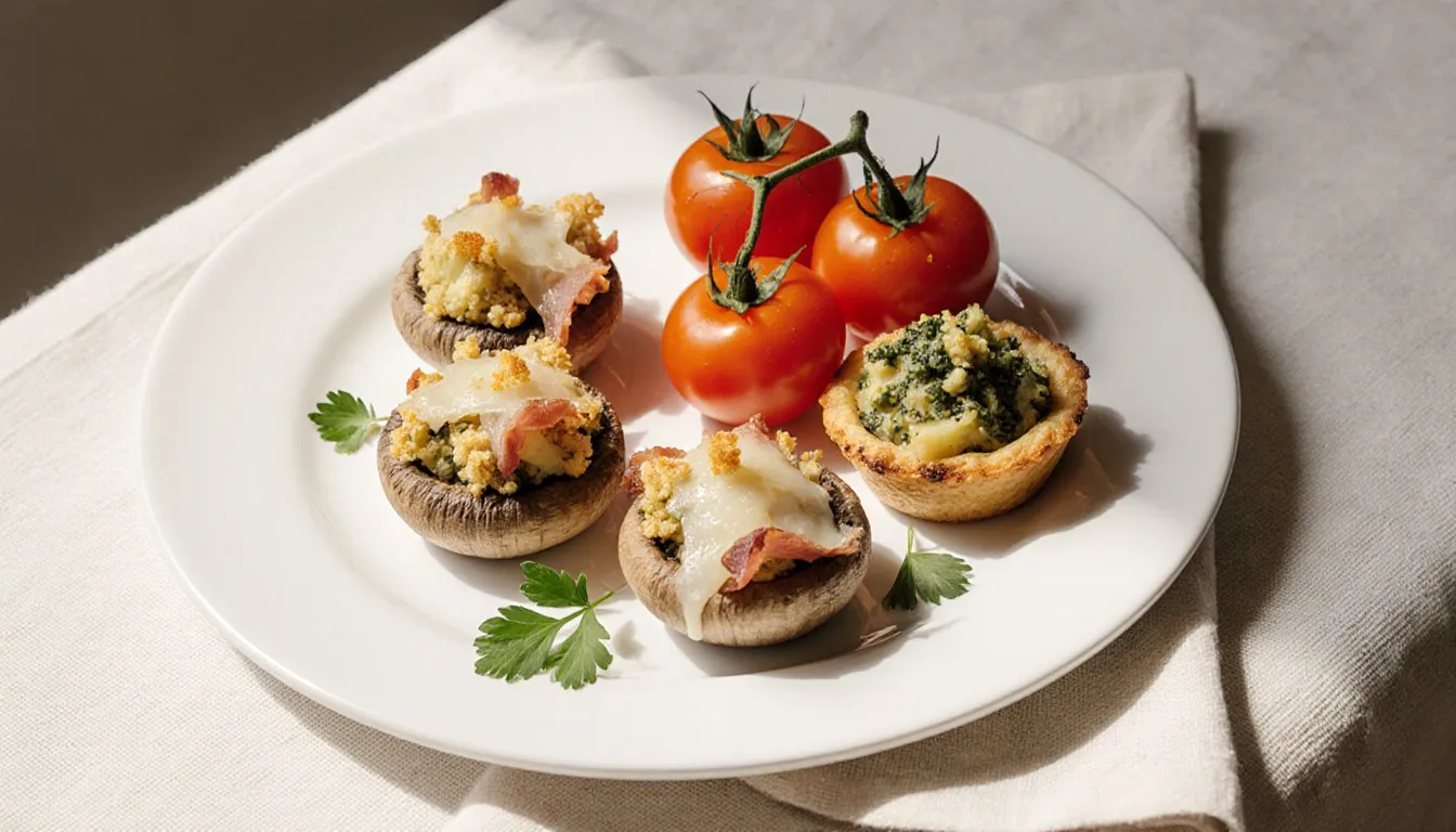 Platter of vegetarian appetizers: prosciutto-topped mushrooms, potato artichoke tarts, and herbed stuffed tomatoes