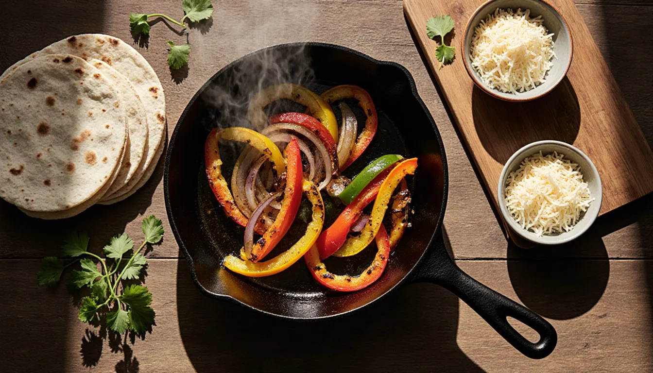 A skillet of sautéed rainbow peppers, onion, and squash beside warm tortillas and fresh cilantro
