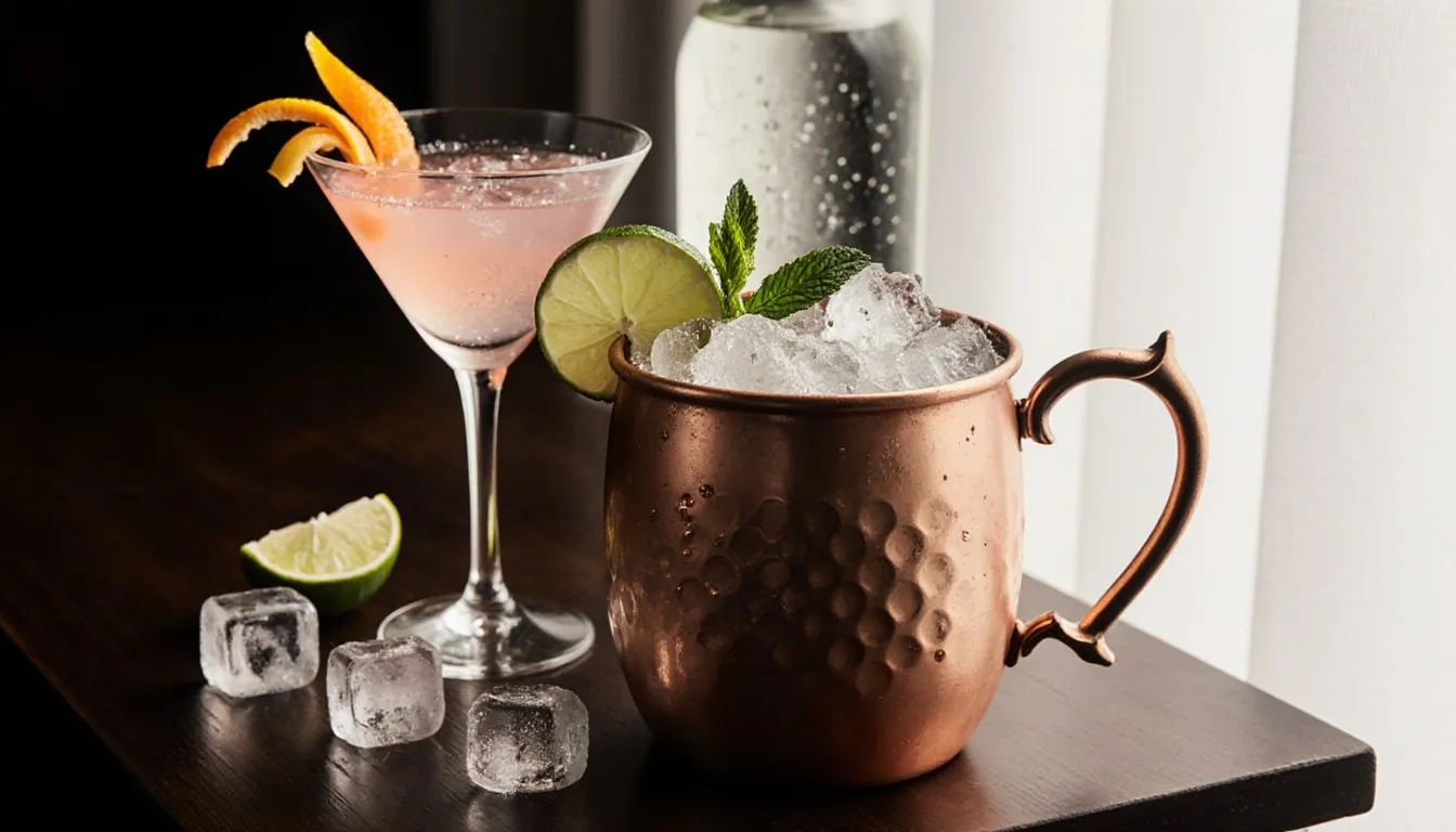 A copper-mug Moscow Mule and a pink Cosmopolitan cocktail with lime garnish on a wooden bar