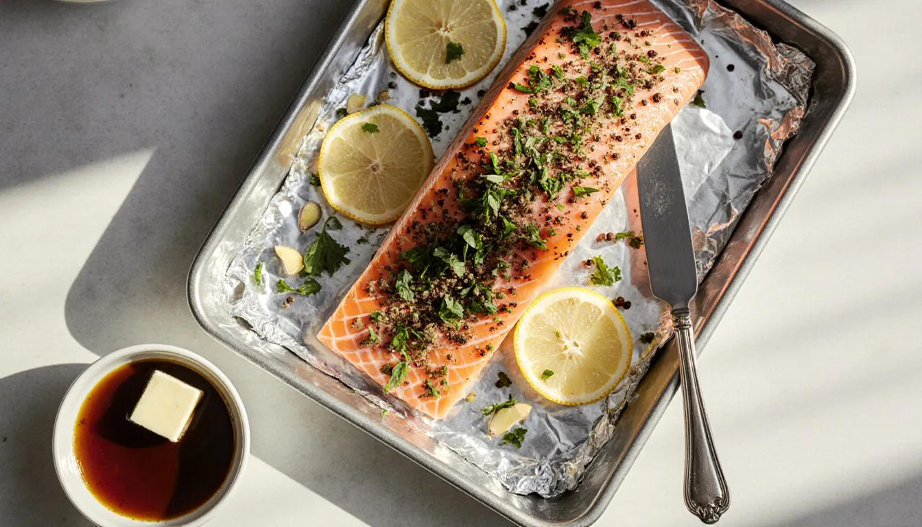 A salmon fillet seasoned with herbs, garlic, pepper, and lemon slices on a foil-lined baking pan