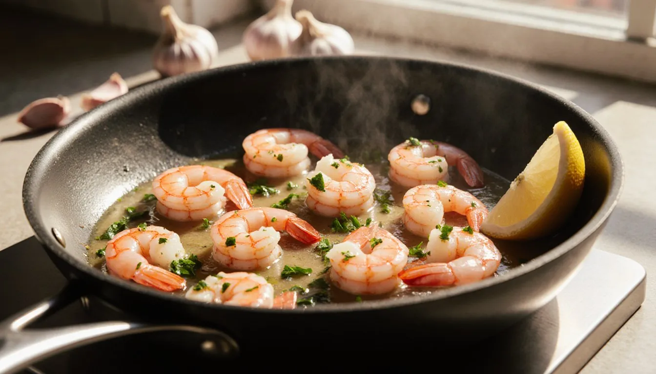 Sautéed shrimp glistening in garlic butter with parsley in a skillet