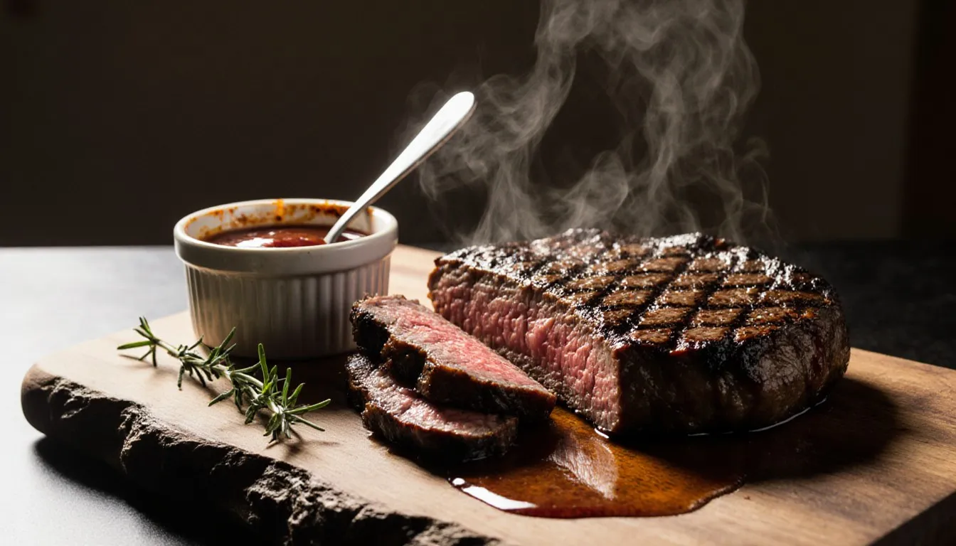 A grilled New York strip steak sliced open on a wooden board, served with barbecue sauce