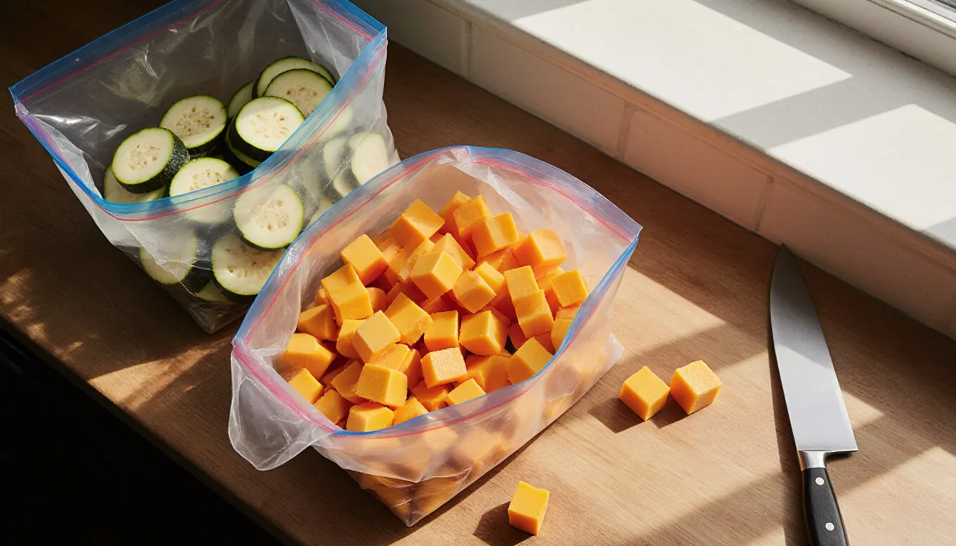 Diced winter squash and sliced summer squash being packed into freezer bags on a wooden counter