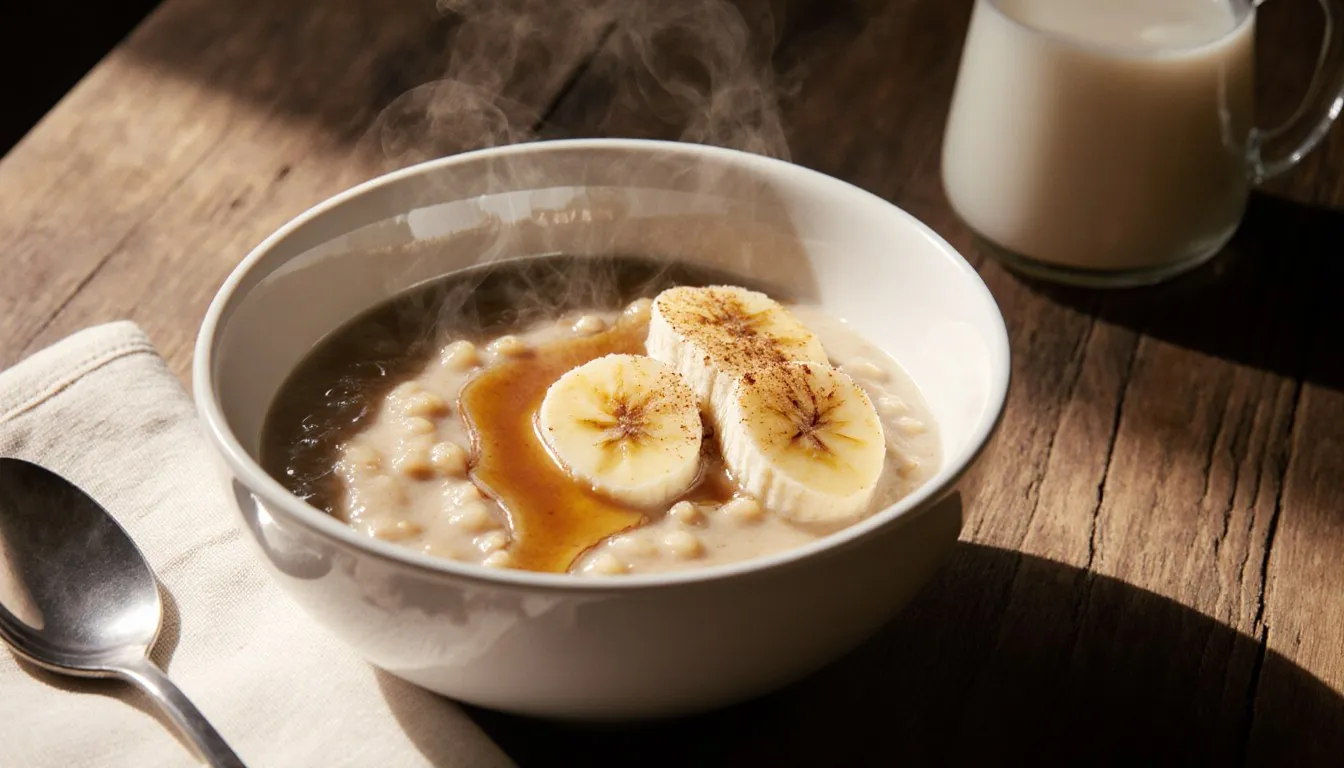 Bowl of warm Cream of Wheat topped with banana slices and maple syrup on a wooden table
