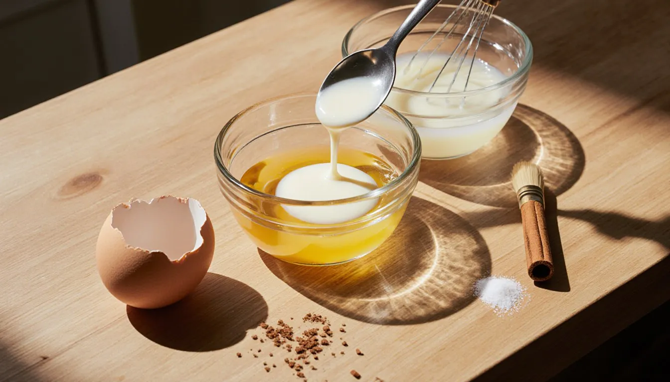 Separated egg yolk and white in glass bowls with milk being added to make egg wash