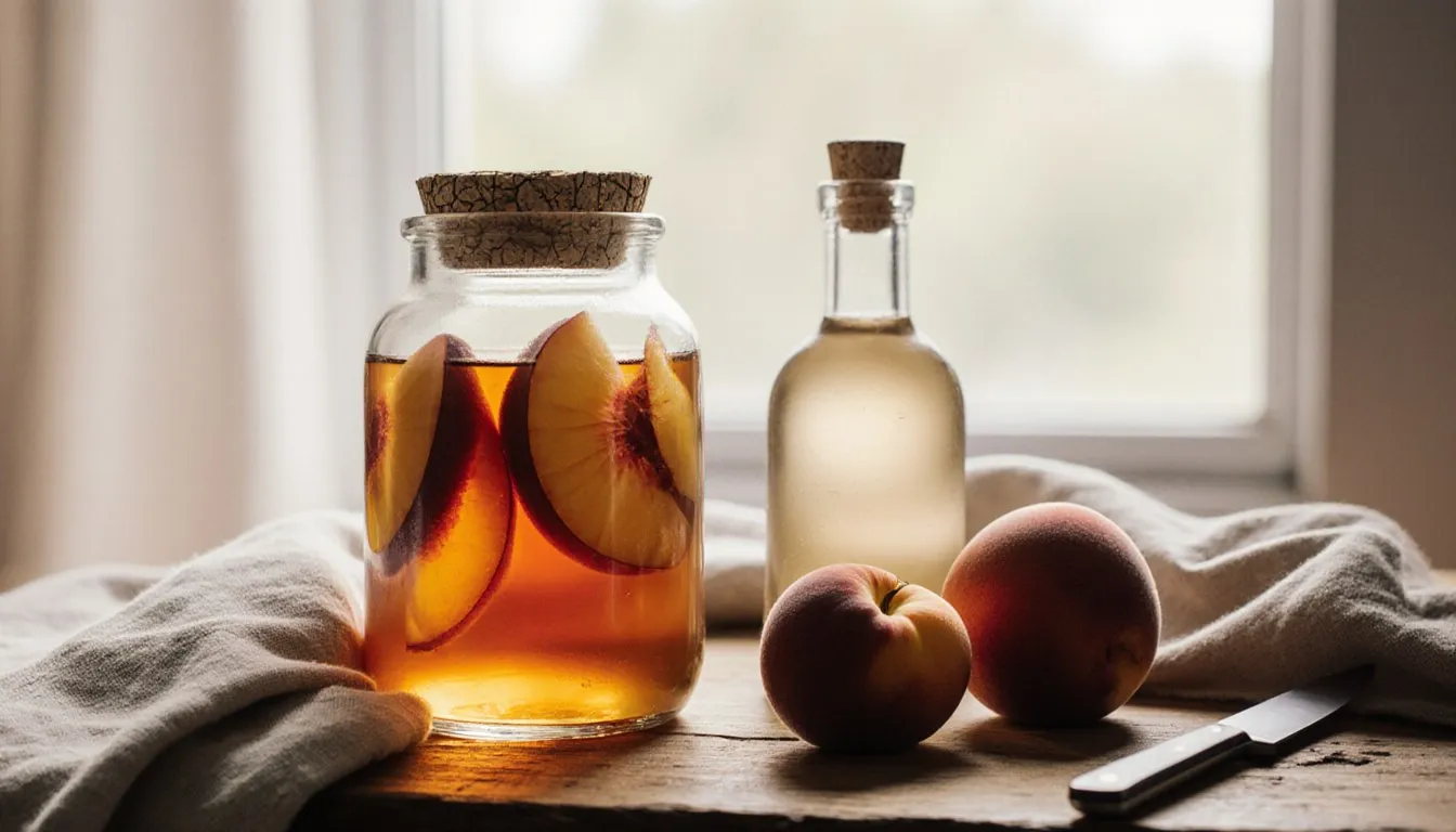 A jar of homemade peach brandy with steeping peach slices beside fresh peaches on a wooden table