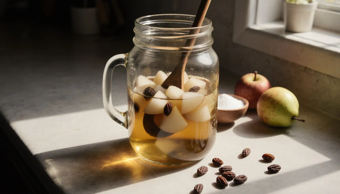 Ripe pears and raisins beside a glass jar of homemade pear wine fermenting in soft light