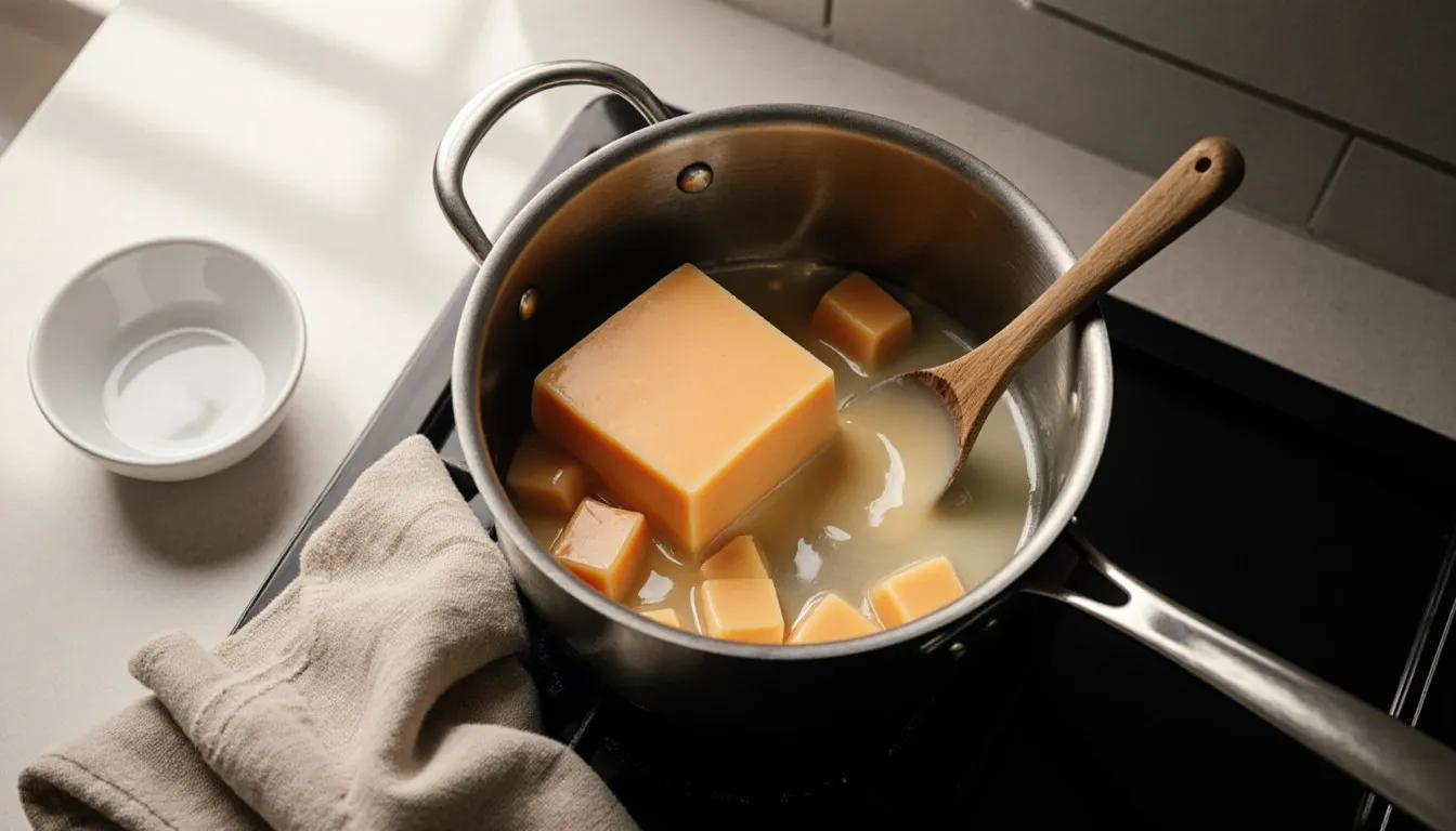 A block of Velveeta cheese melting into a smooth golden pool in a saucepan on the stove