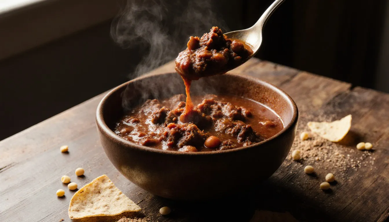 A spoon lifts a thick, hearty scoop of chili from a steaming bowl packed with beans and meat