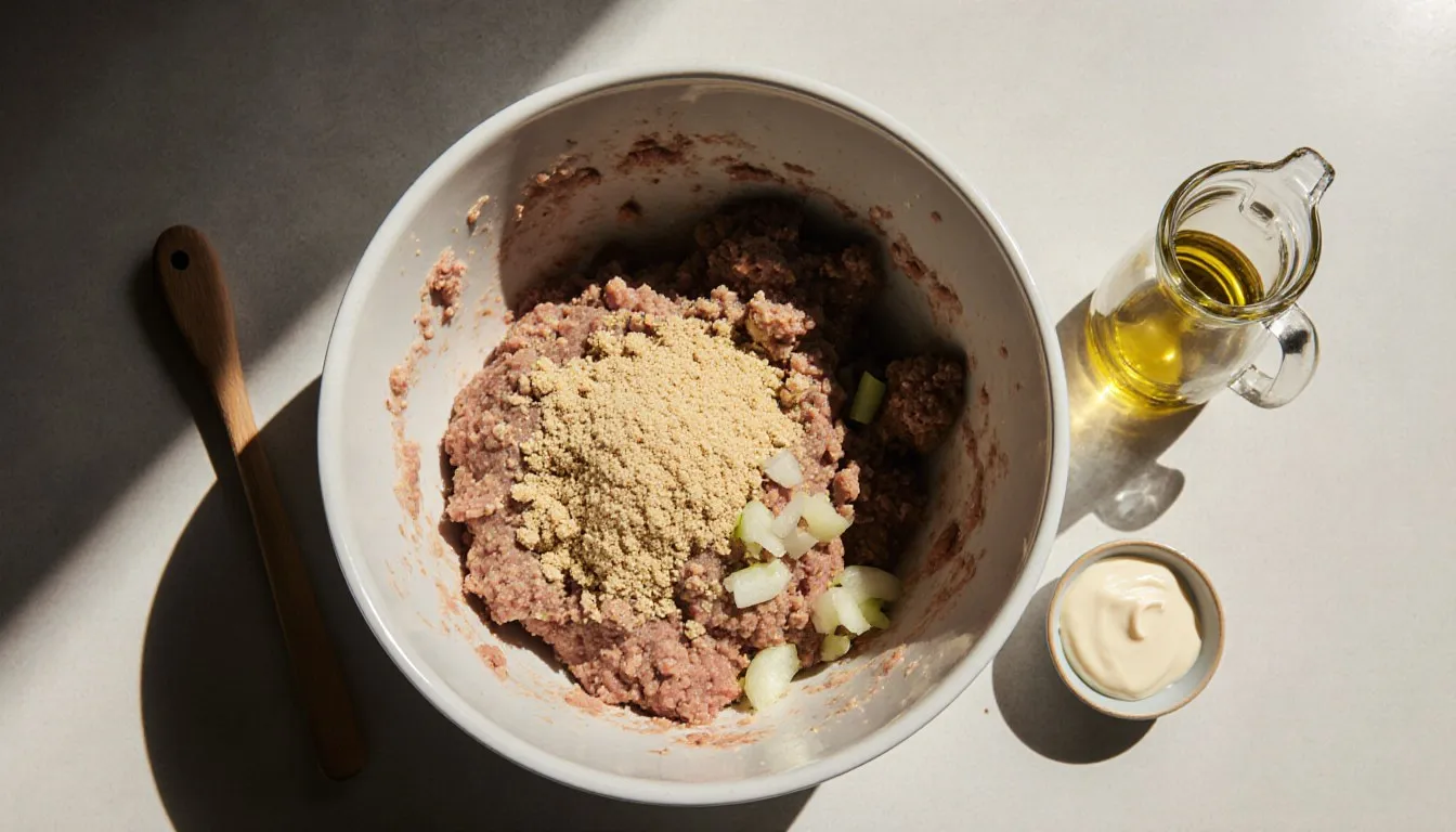 Mayonnaise and olive oil beside a bowl of meatloaf mixture, used as egg substitutes