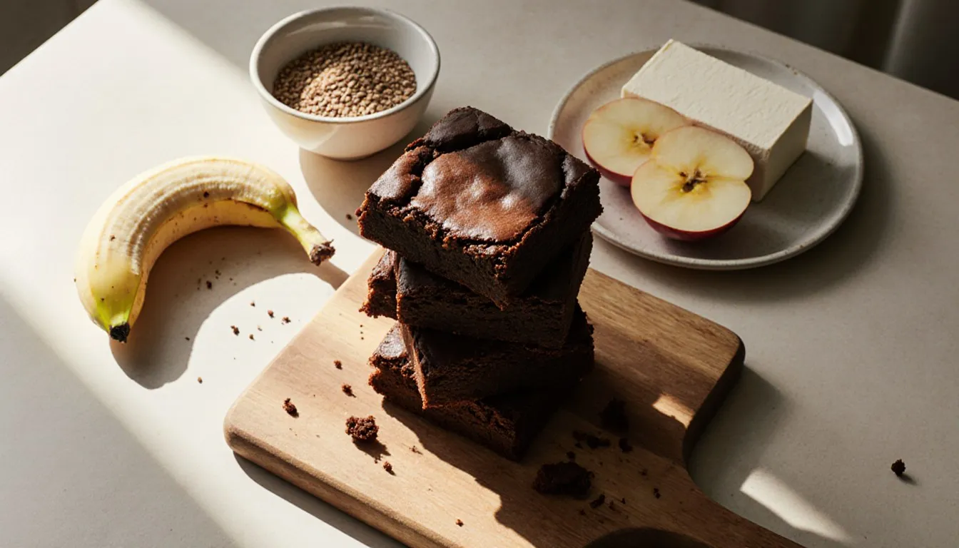 Fudgy brownies with banana, flaxseed, and applesauce, natural egg substitutes for baking