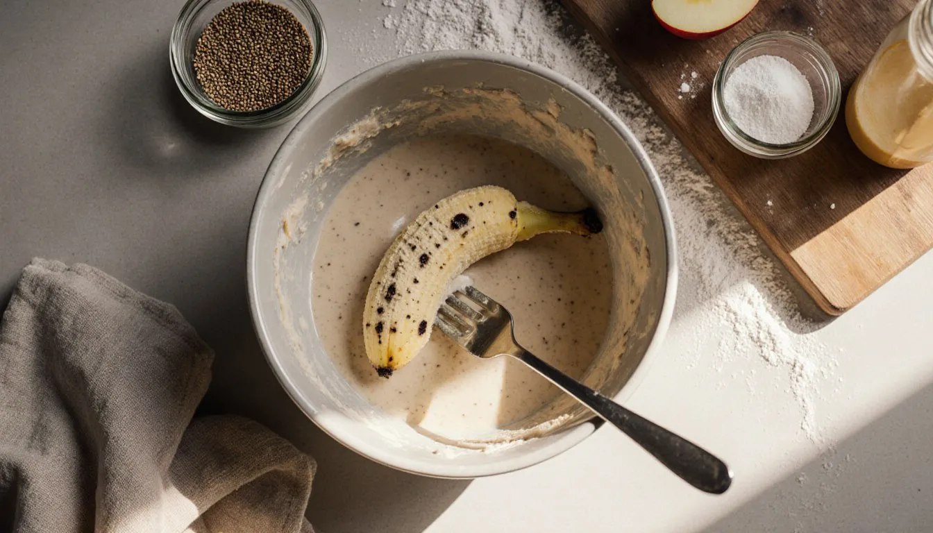 Mashed banana, flaxseed, and applesauce beside cake batter as egg substitutes for baking