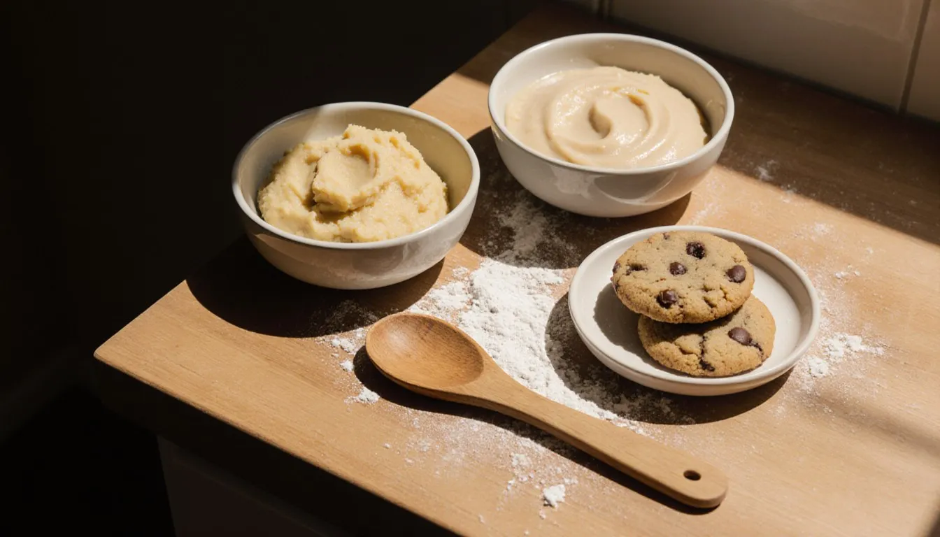 Bowls of mashed banana and applesauce beside cookie dough and fresh cookies on a kitchen counter