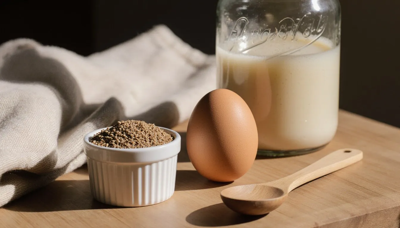 A whole egg beside a small bowl of ground flaxseed and a jar of milky liquid on a wooden board