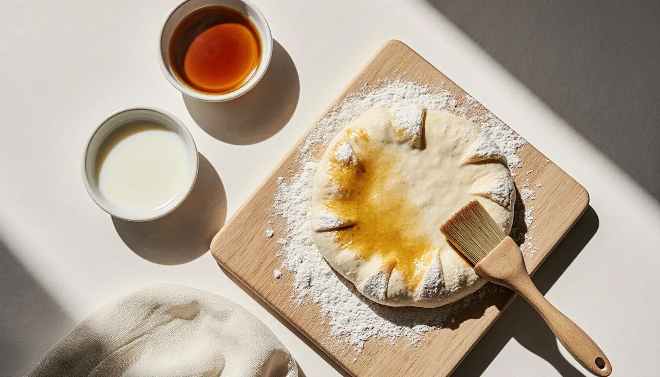 A pastry brush applying a golden wash beside bowls of milk, honey, and melted butter alternatives