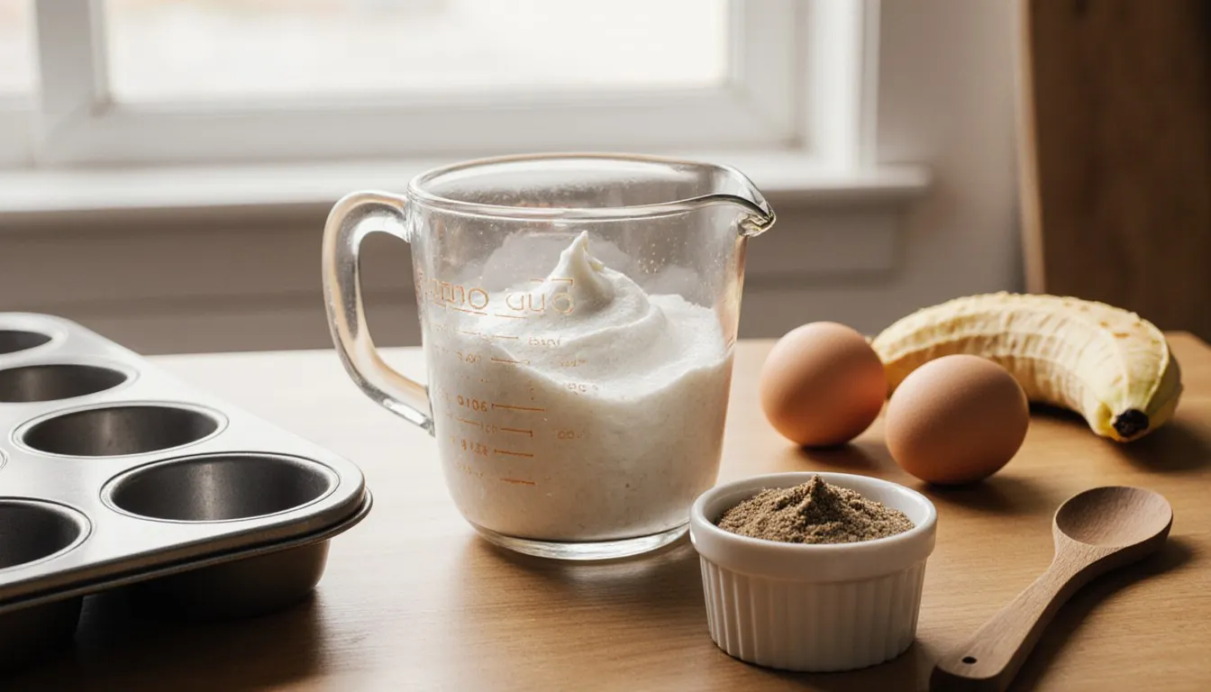 Aquafaba, mashed banana, and flaxseed paste arranged as egg white substitutes on a kitchen counter
