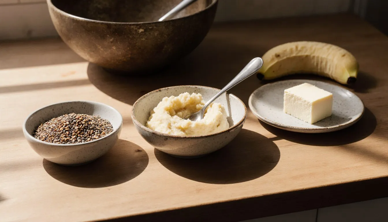 Flax and chia seeds, mashed banana, and silken tofu arranged as egg yolk substitute ingredients for baking
