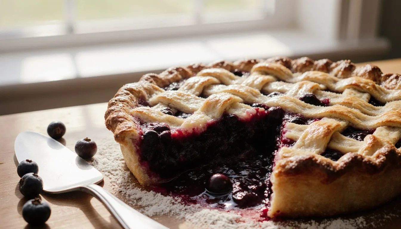 A baked elderberry pie with a golden lattice crust and a slice cut to show the dark purple filling