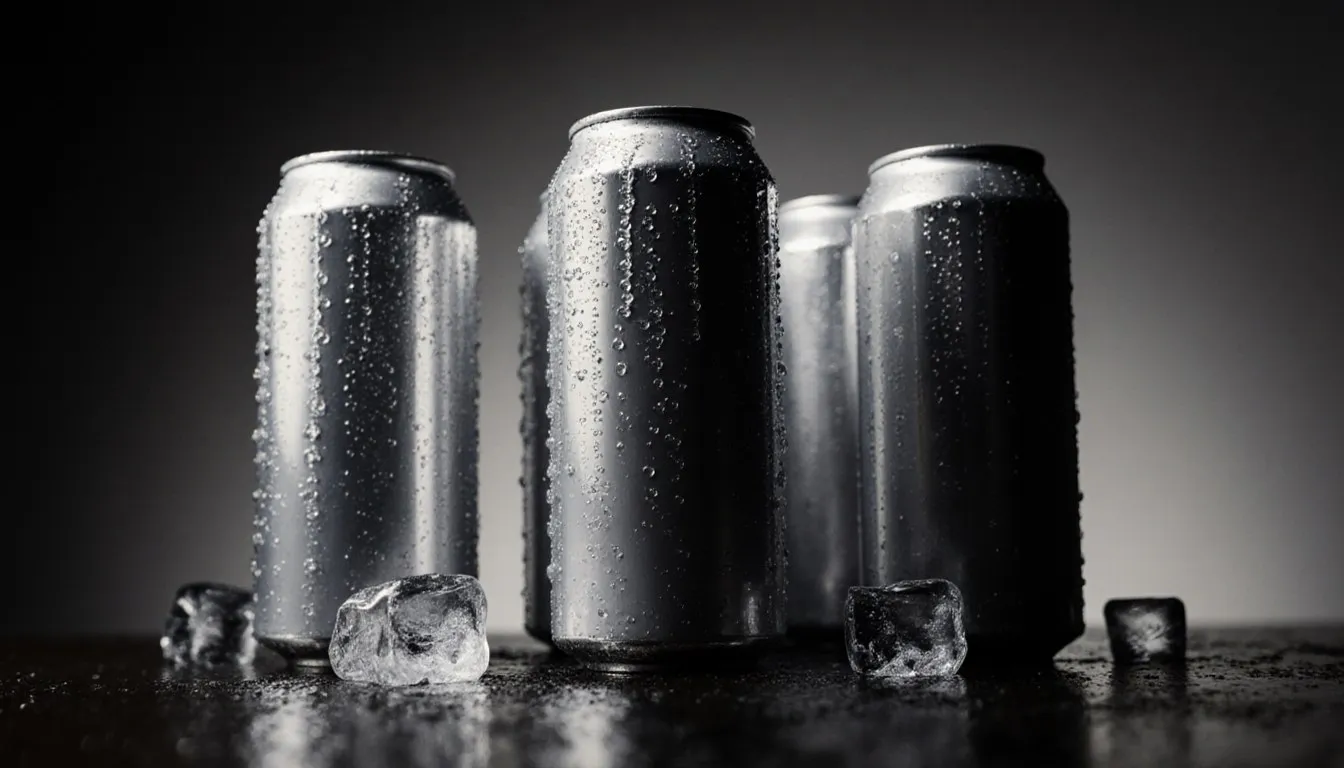Assorted unlabeled energy drink cans beaded with condensation among scattered ice cubes
