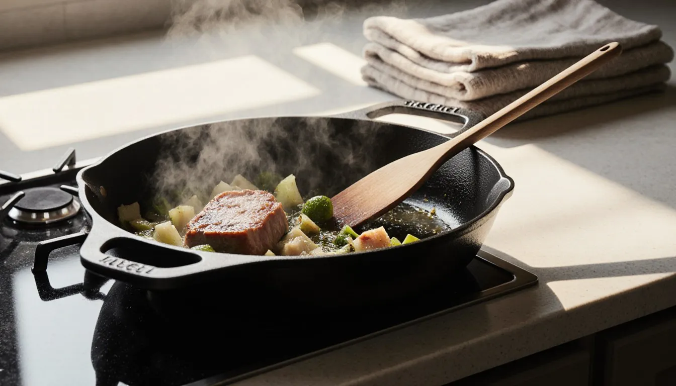 Vegetables and meat sautéing in a cast-iron skillet on a stovetop, steam rising in soft kitchen light