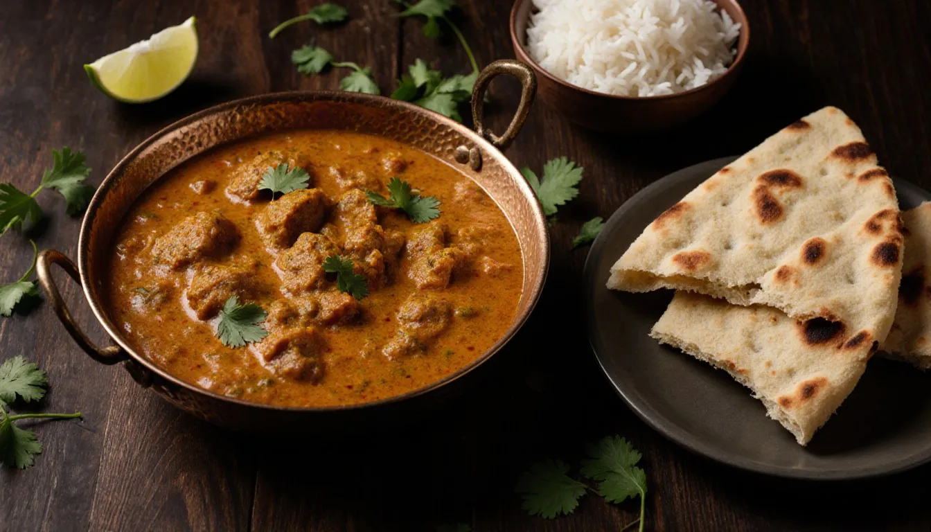 Golden curry in a hammered copper karahi with flatbread, rice and lime